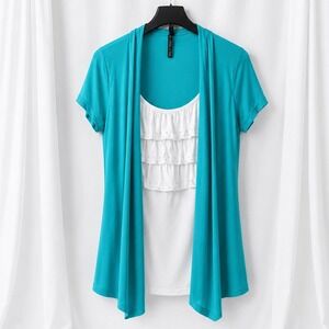 Allie and Rob Womens Layered Twofer Top XL Teal White Ruffle Bling Short Sleeve